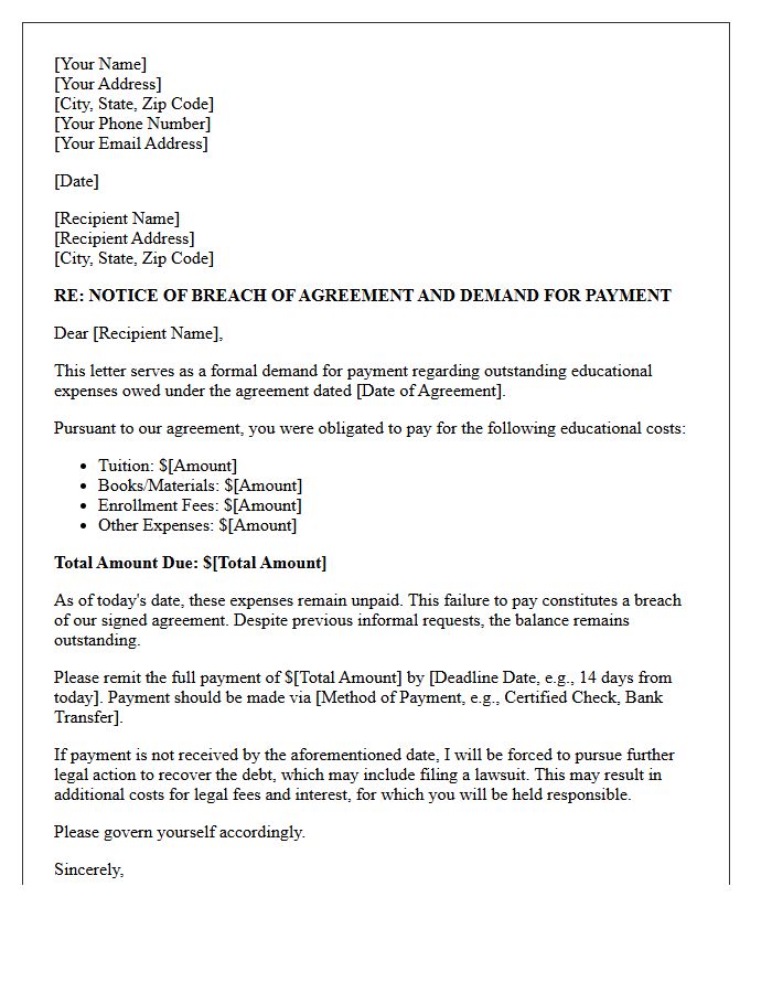Educational Expenses Payment Breach Demand Letter