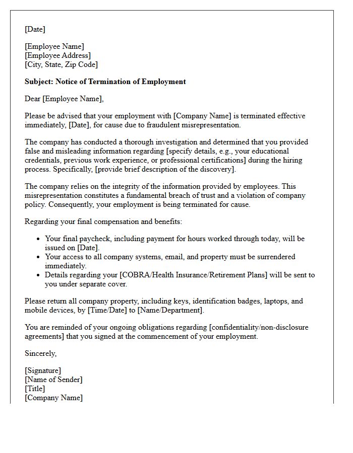 Termination Letter for Fraudulent Misrepresentation