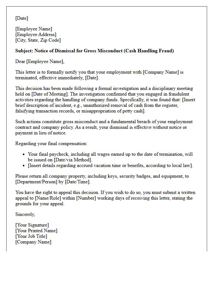 Notice of Dismissal Letter for Cash Handling Fraud