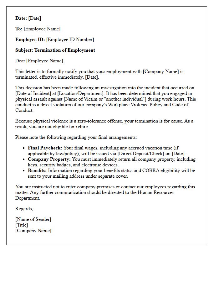 Physical Assault Workplace Violence Termination Letter