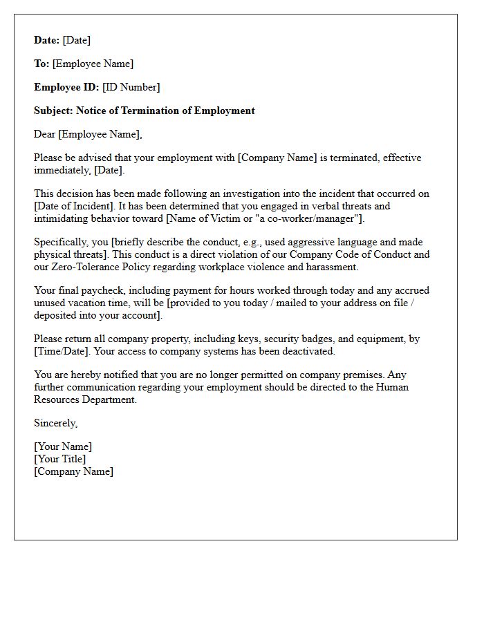 Verbal Threat and Intimidation Termination Letter