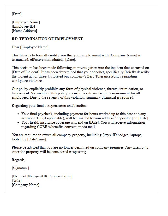 Zero Tolerance Workplace Violence Termination Letter