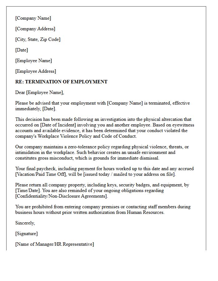Co-Worker Physical Altercation Termination Letter
