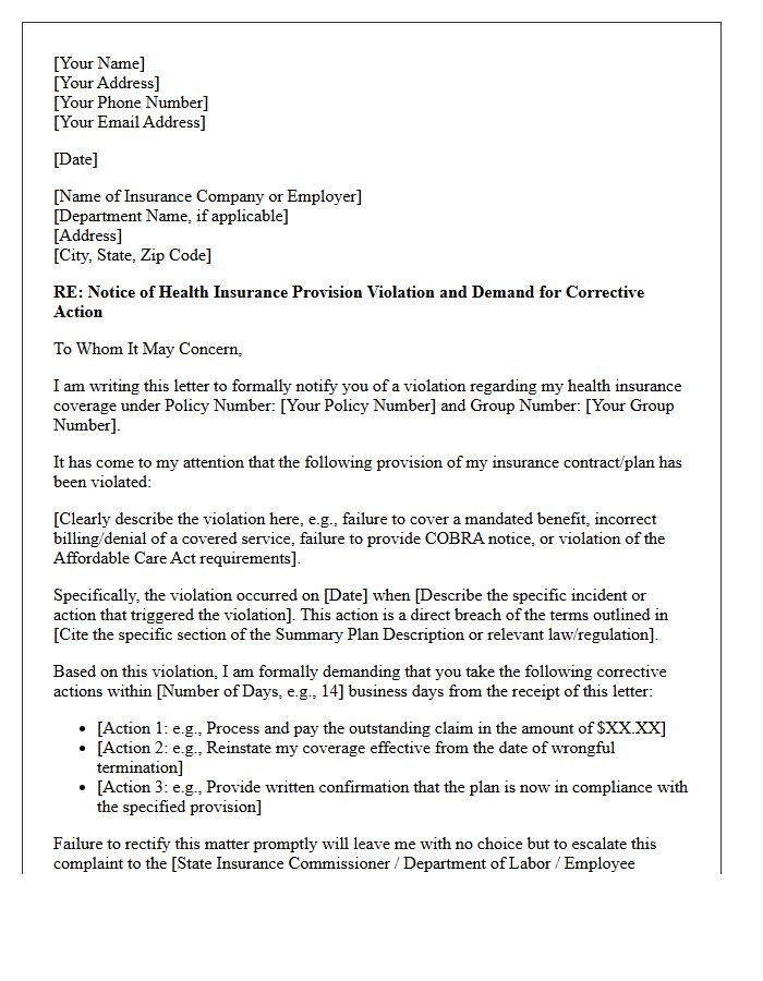 Health Insurance Provision Violation Demand Letter