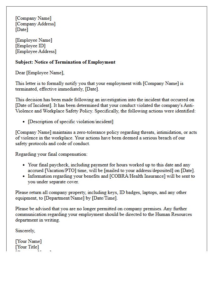 Anti-Violence Policy Violation Termination Letter