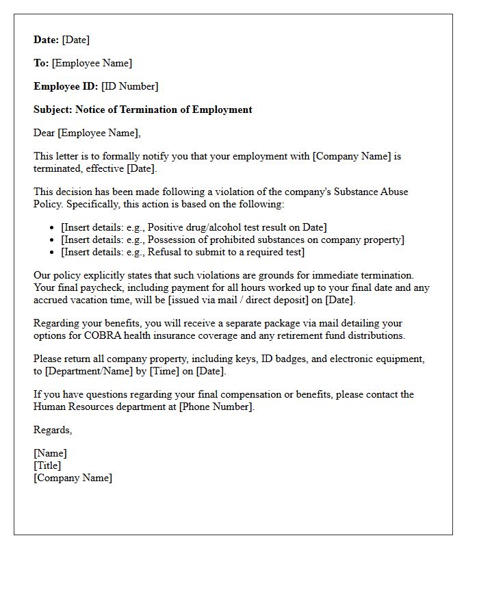 Substance Abuse Policy Violation Termination Letter