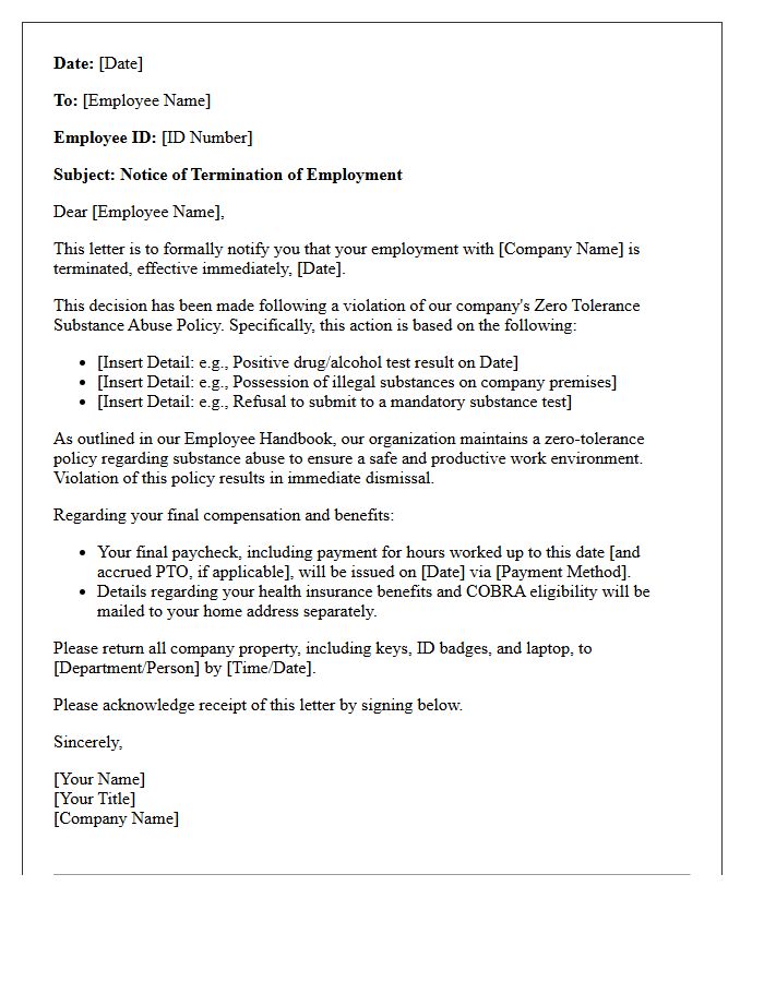 Zero Tolerance Substance Abuse Termination Letter