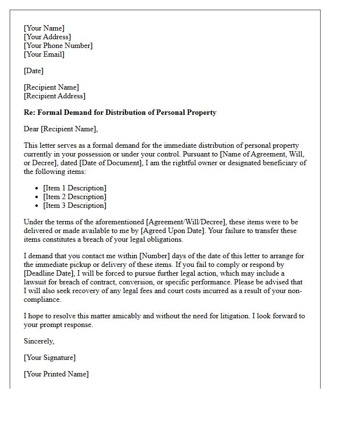 Personal Property Distribution Breach Demand Letter