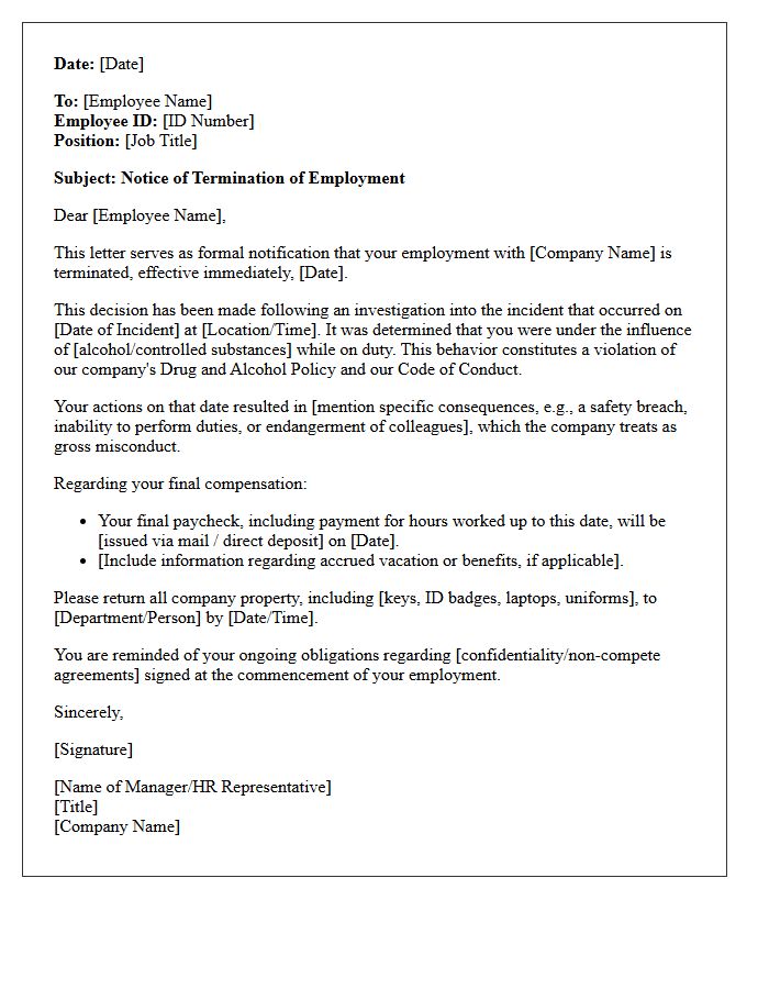 Workplace Intoxication Dismissal Letter