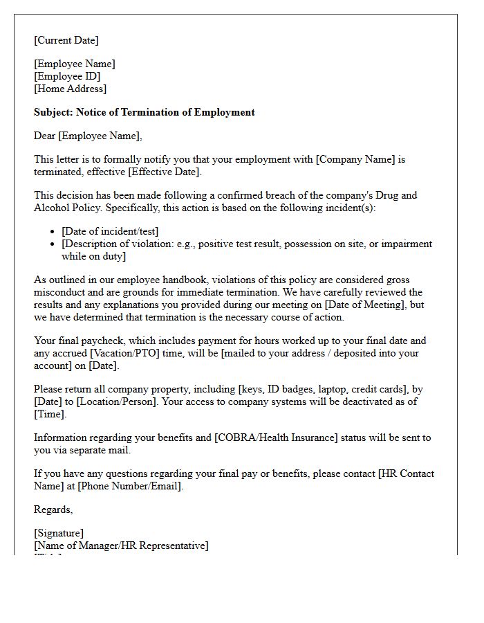 Drug and Alcohol Policy Breach Termination Letter