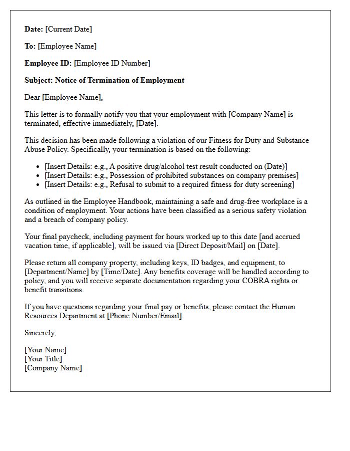 Fitness for Duty Substance Violation Termination Letter