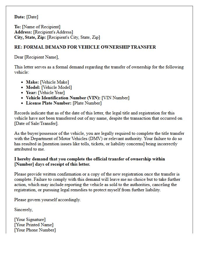 Vehicle Ownership Transfer Refusal Demand Letter