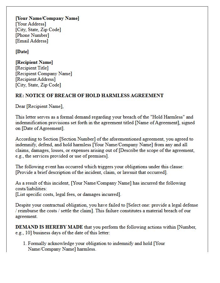 Hold Harmless Clause Breach Demand Letter