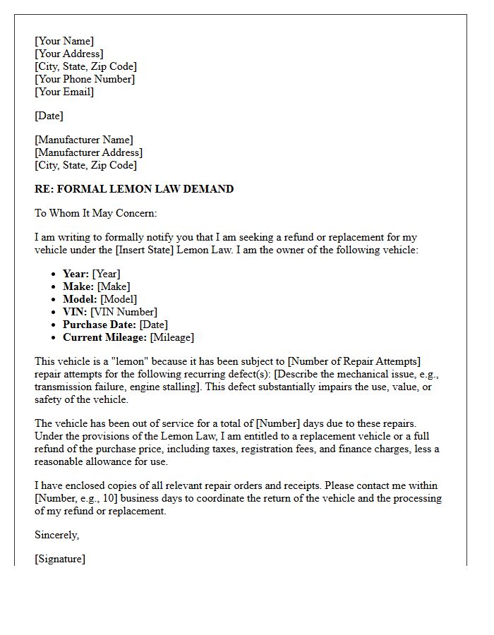 Initial Lemon Law Demand Letter