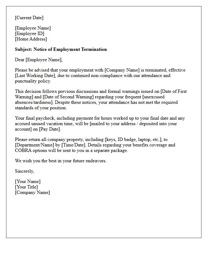 Notice of Employment Termination Letter Regarding Attendance Non-Compliance