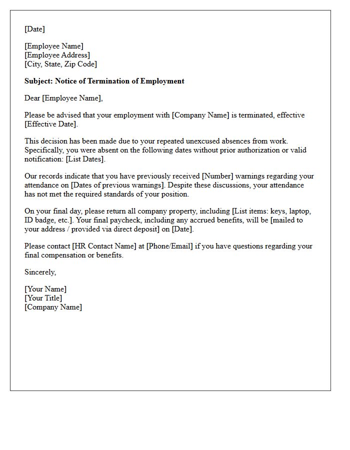 Employee Termination Letter Due to Unexcused Absences