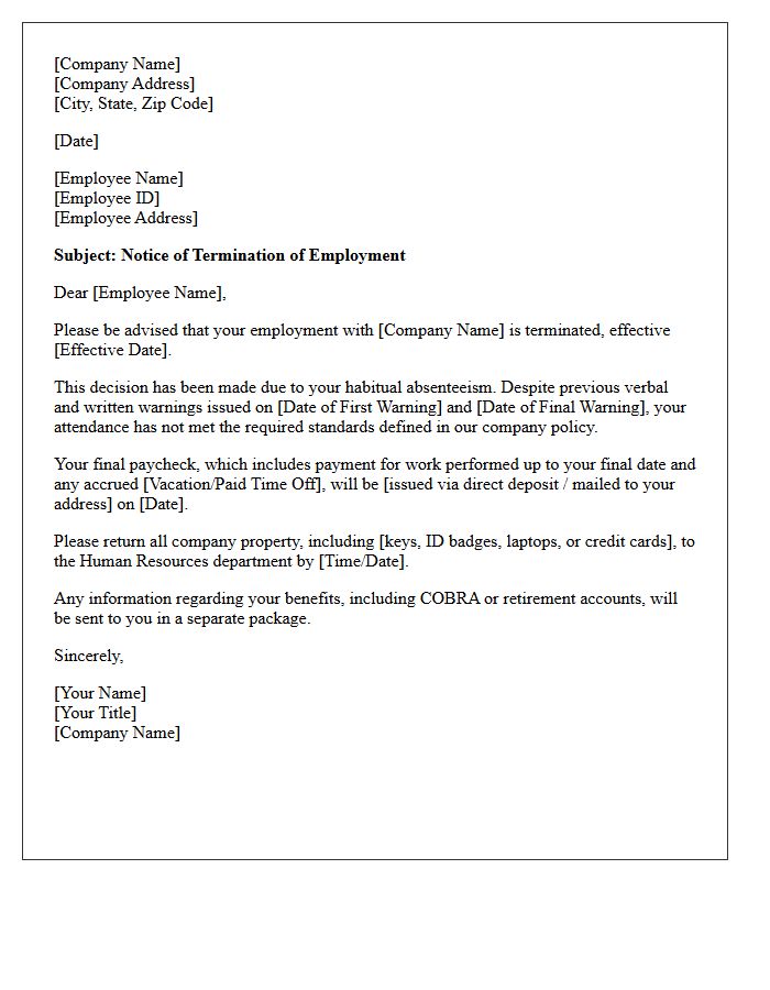 Human Resources Termination Letter for Habitual Absenteeism
