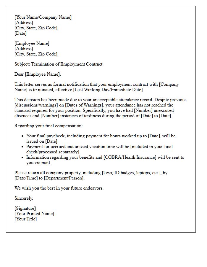Contract Termination Letter Due to Unacceptable Attendance