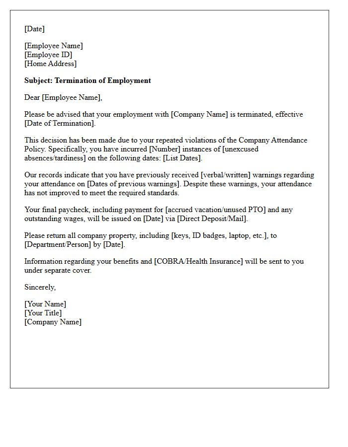Formal Termination Letter for Breach of Company Attendance Policy