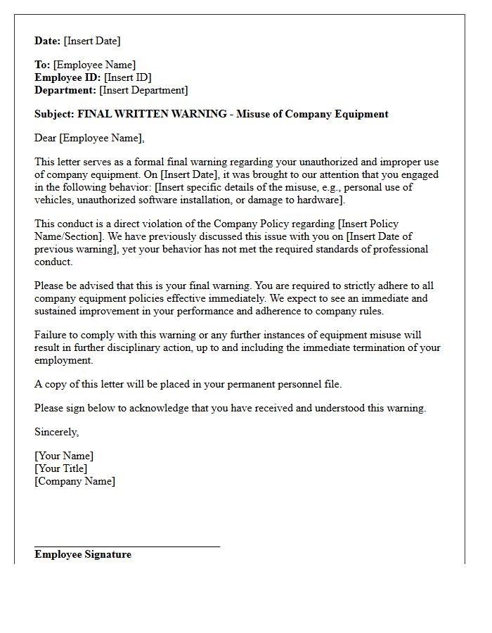Final Warning Letter for Misuse of Company Equipment