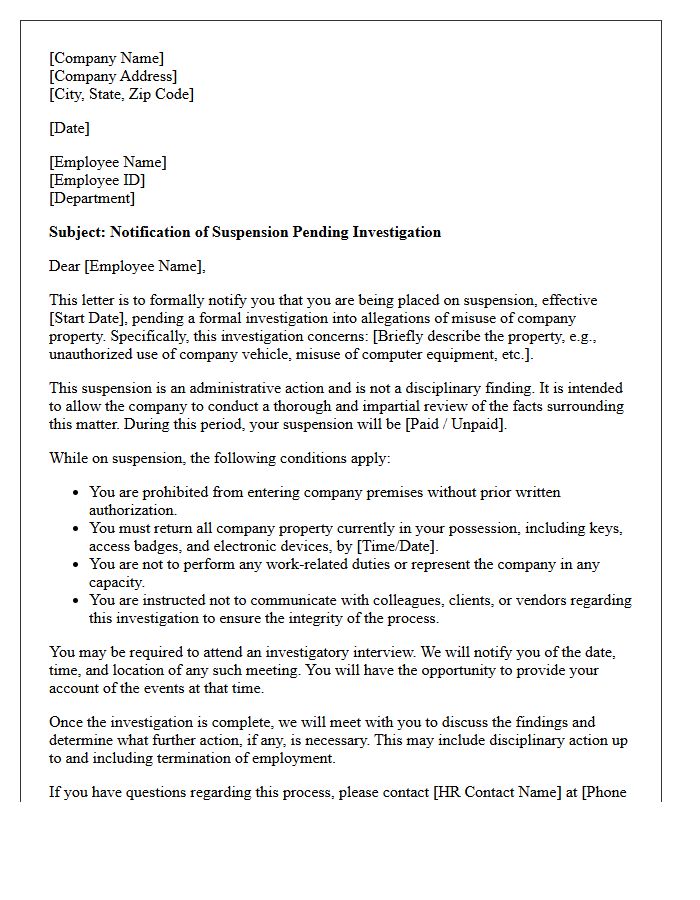 Suspension Letter Pending Investigation of Property Misuse