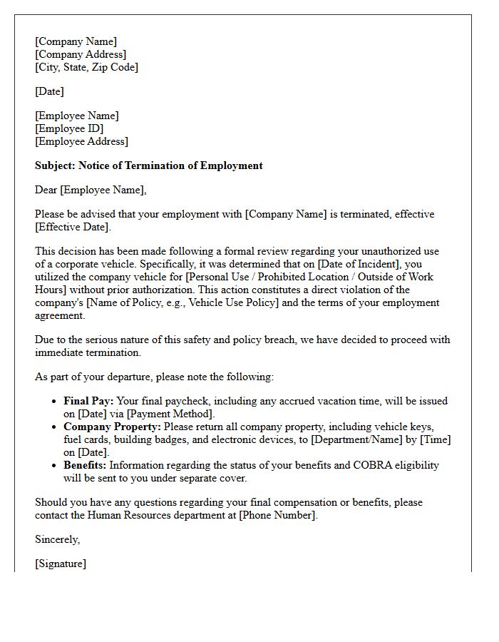 Termination Letter for Unauthorized Use of Corporate Vehicles