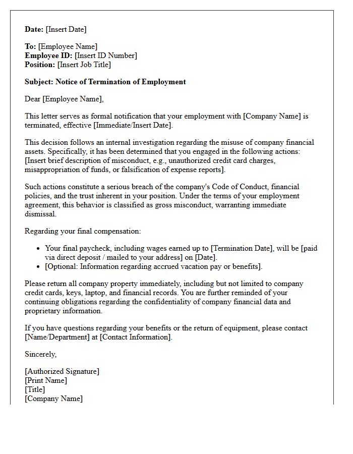 Dismissal Letter for Misuse of Company Financial Assets