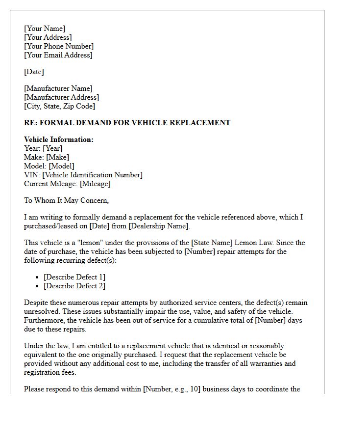 Manufacturer Vehicle Replacement Demand Letter