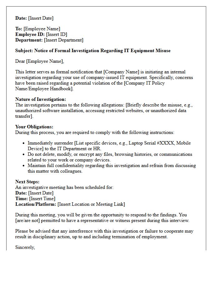 Investigative Notice Letter Regarding IT Equipment Misuse
