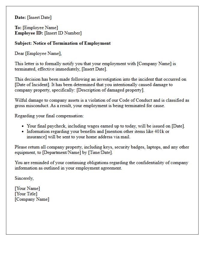 Termination Letter for Willful Damage to Company Property