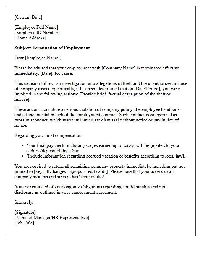 Termination Letter for Theft and Misuse of Company Assets