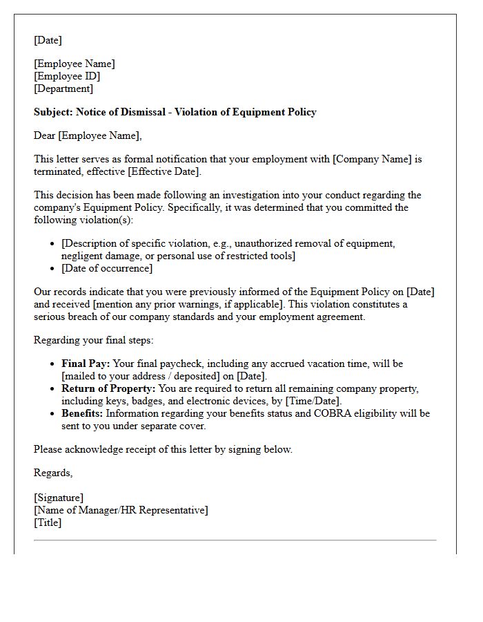 Notice Letter of Dismissal for Violation of Equipment Policy