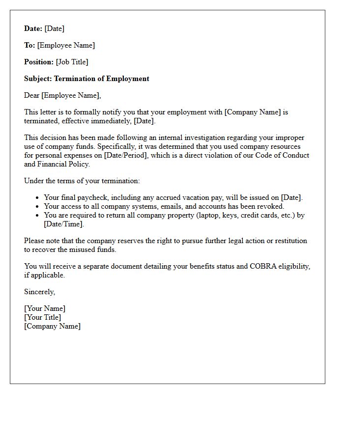 Termination Letter for Improper Personal Use of Company Funds