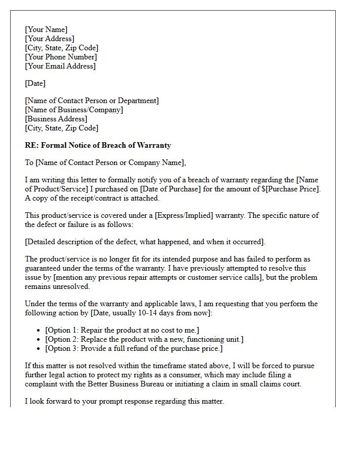 Breach of Warranty Demand Letter