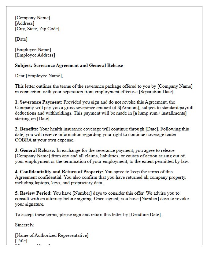 Standard Severance Agreement Letter