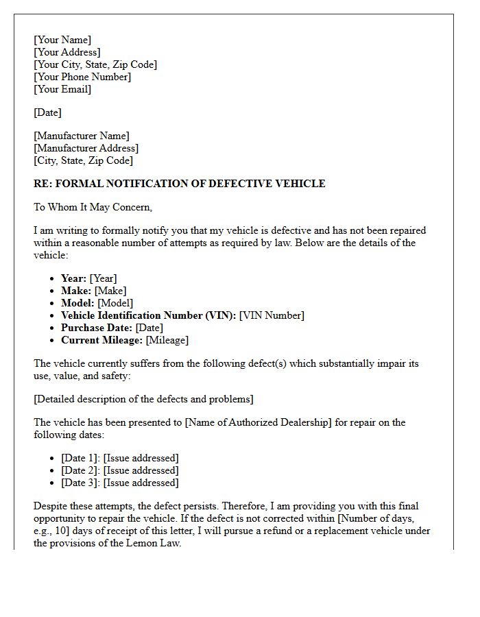 Defective Vehicle Notification Letter