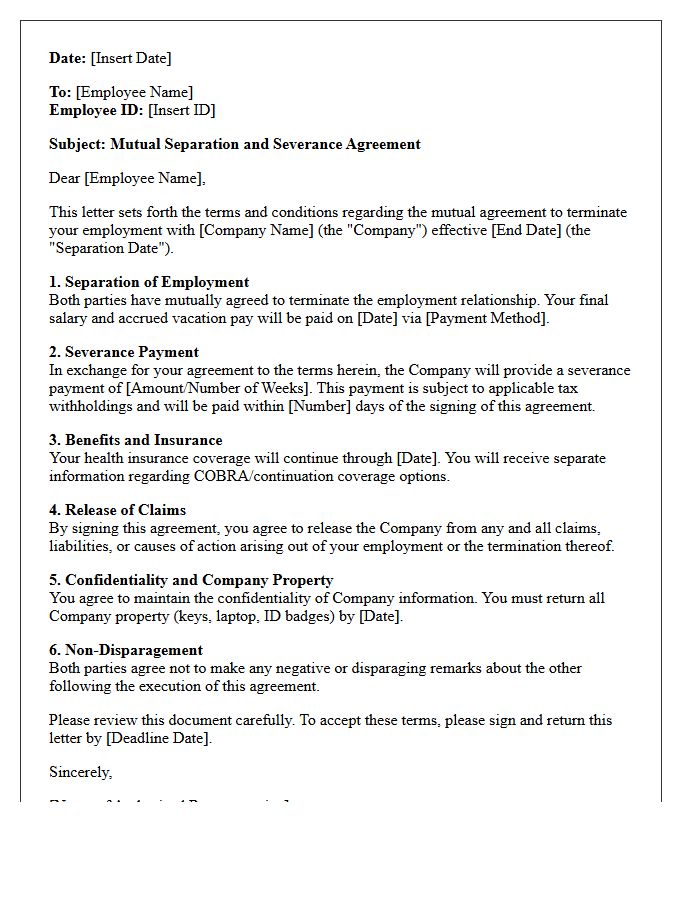 Mutual Separation Severance Agreement Letter