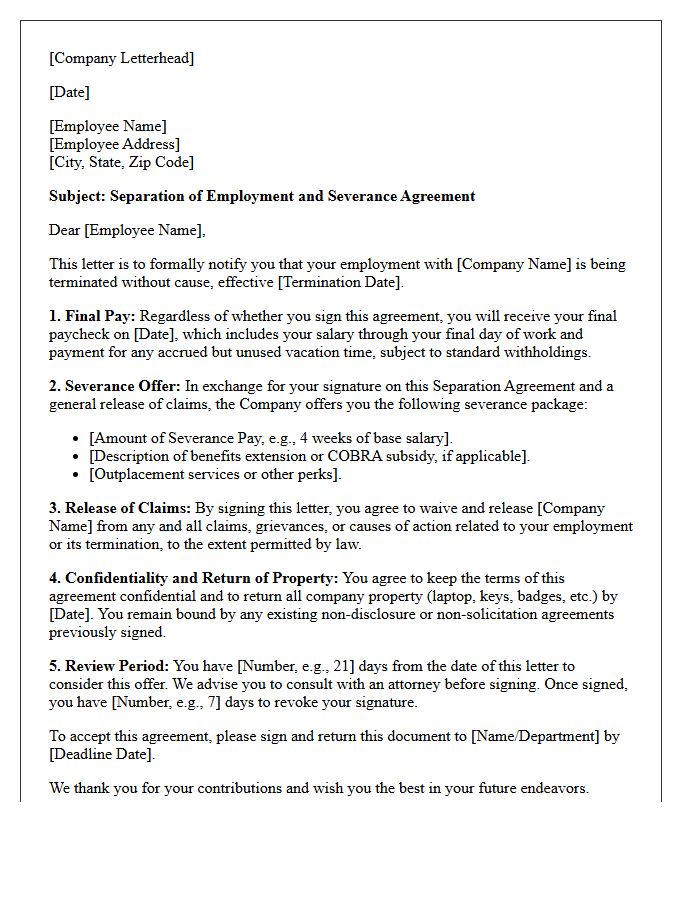 Termination Without Cause Severance Agreement Letter