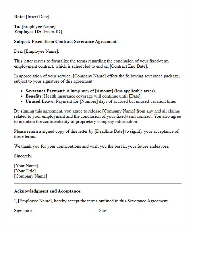 Fixed Term Contract Severance Agreement Letter