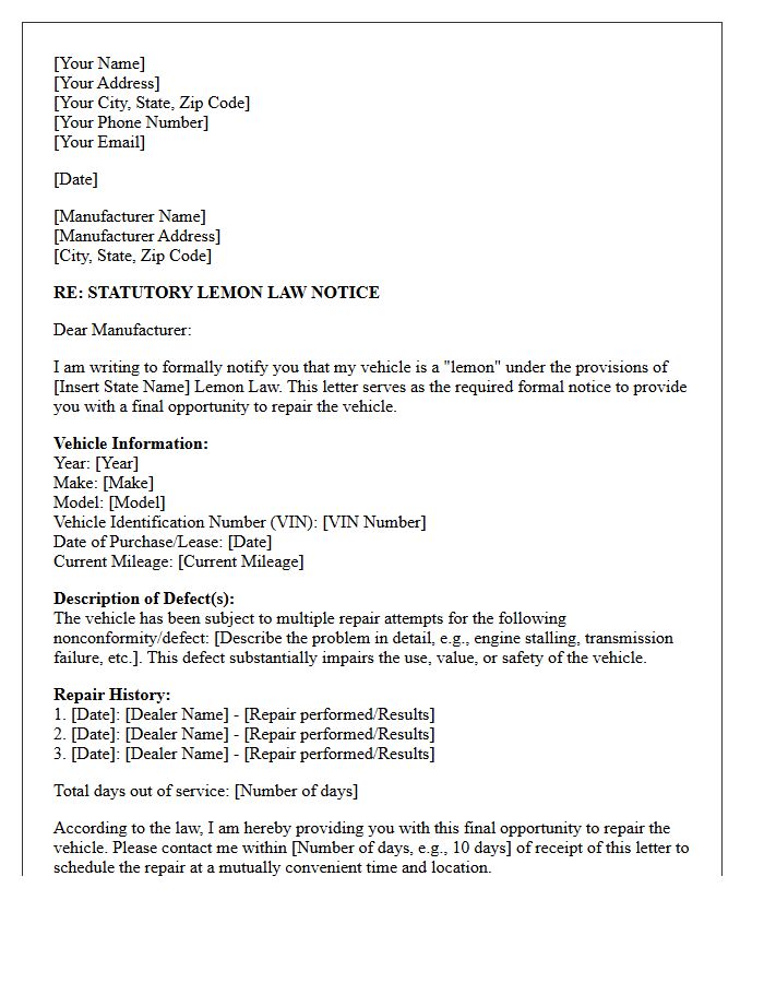 Statutory Lemon Law Notice Letter