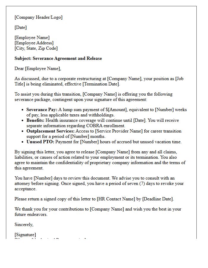 Corporate Restructuring Severance Agreement Letter