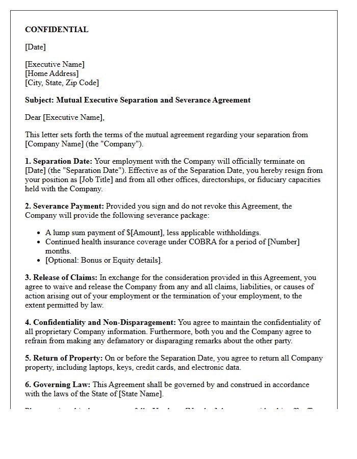 Mutual Executive Separation and Severance Agreement Letter