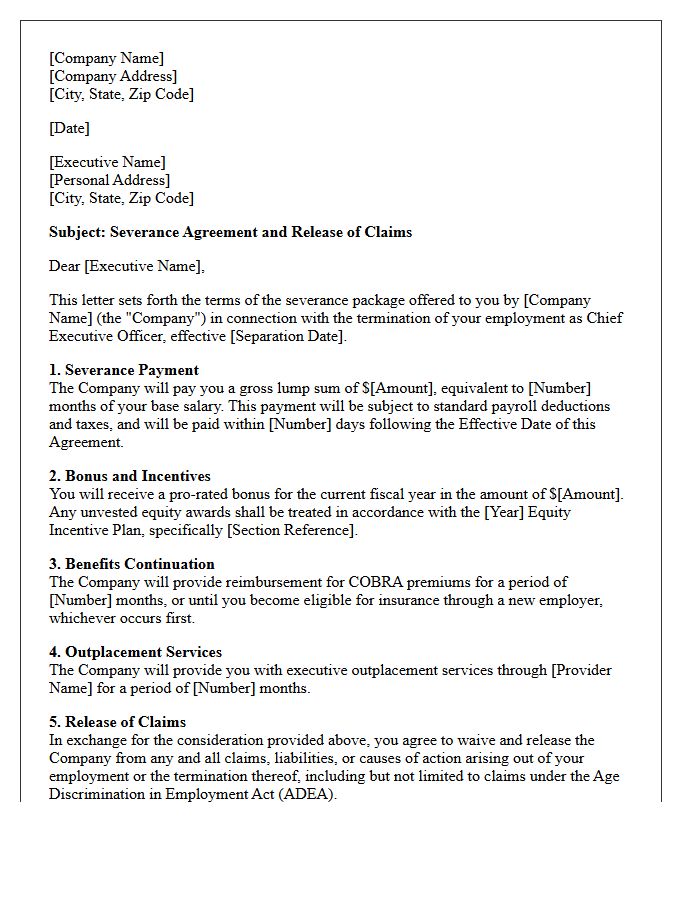 Chief Executive Officer Severance Agreement Letter