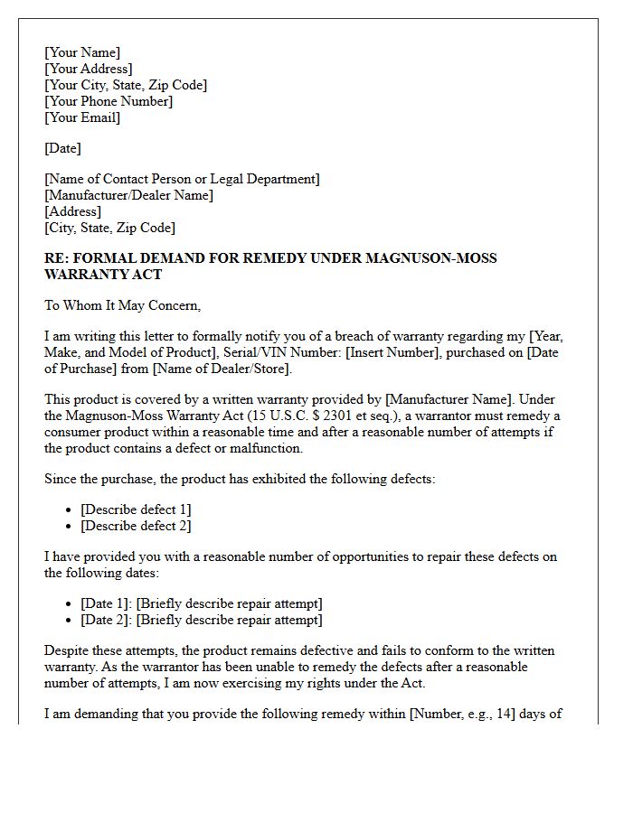 Magnuson-Moss Warranty Demand Letter