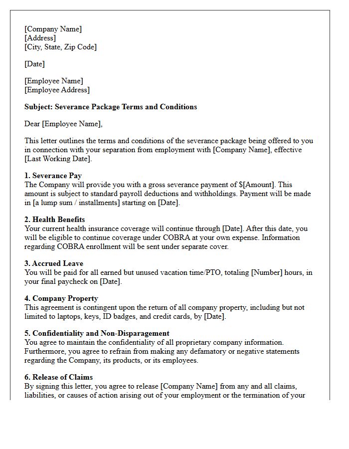 Severance Package Terms and Conditions Letter