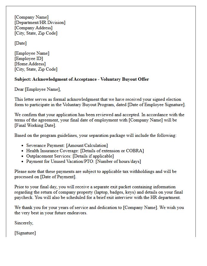 Voluntary Buyout Acceptance Acknowledgment Letter