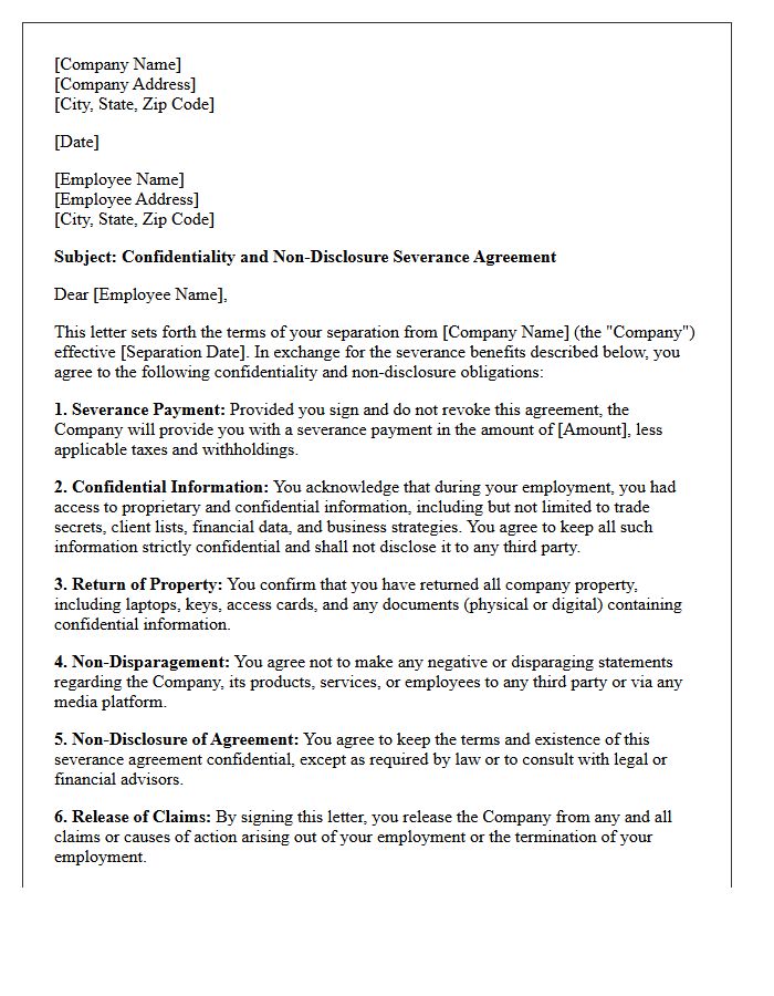 Confidentiality and Non-Disclosure Severance Letter