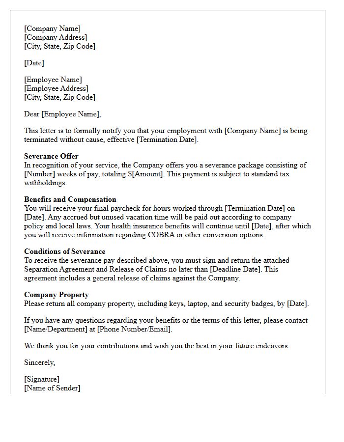 Standard Termination Without Cause Severance Letter