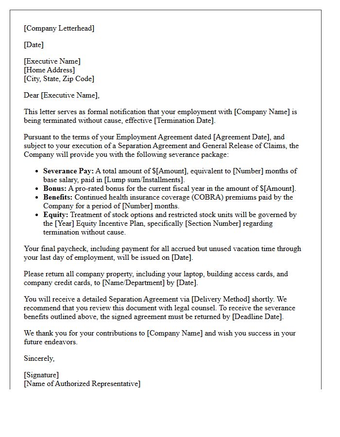 Executive Termination Without Cause Severance Letter
