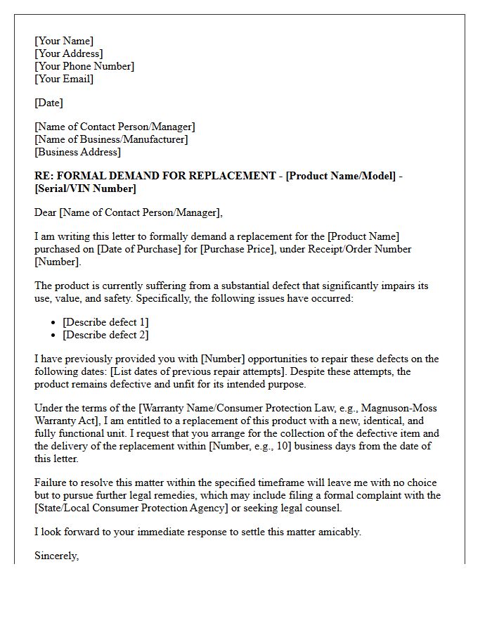 Substantial Defect Replacement Demand Letter